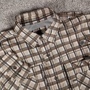 Reel Legends Large Tan Plaid 6 Pocket UPF 50+ Long Sleeve Mens Fishing Shirt